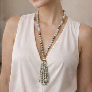 Kenneth Jay Lane Amazonite and Gold Beaded Tassel Necklace
